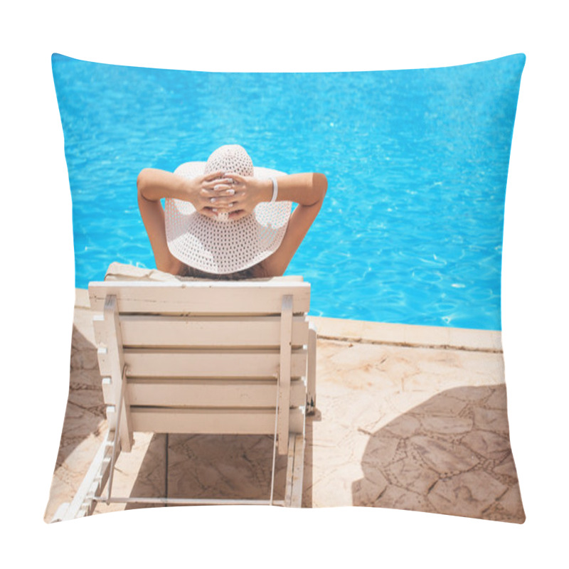 Personality  Woman In White Hat Lying On A Lounger Near The Swimming Pool Pillow Covers