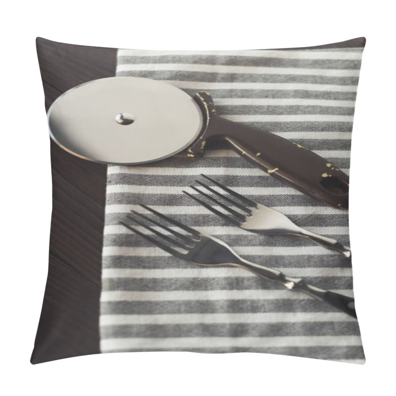 Personality  Close Up View Of Steel Forks And Pizza Cutter On Linen Napkin Pillow Covers