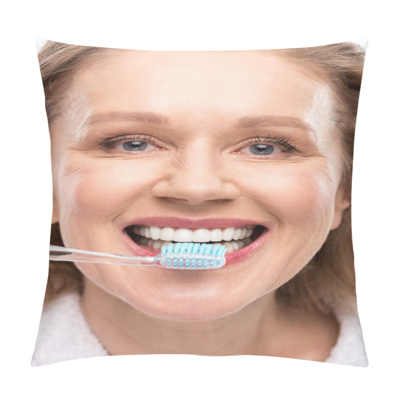 Personality  Middle Aged Woman With Toothy Smile Brushing Teeth Isolated On White  Pillow Covers