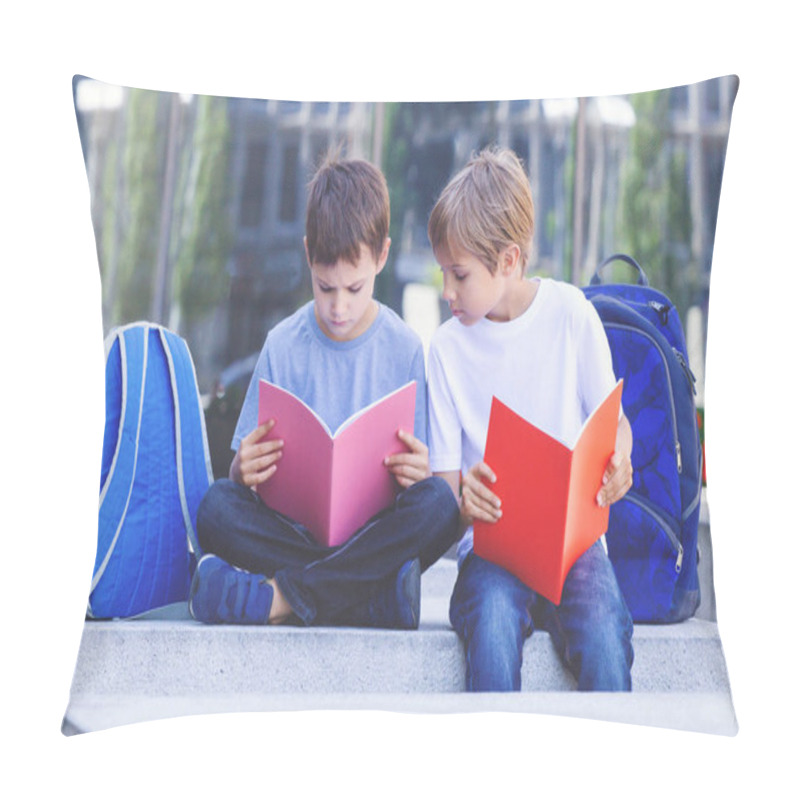 Personality  Children Doing Homework Outdoors. Pillow Covers