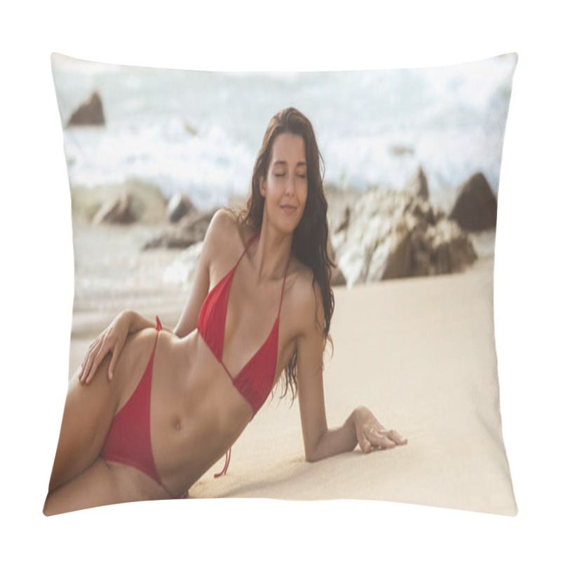 Personality  Beautiful Woman In A Red Bikini Reclining On A Sandy Tropical Beach With Her Eyes Closed, Surrounded By Gentle Waves And Rocky Shoreline. Perfect For Travel, Summer, And Lifestyle Concepts.  Pillow Covers