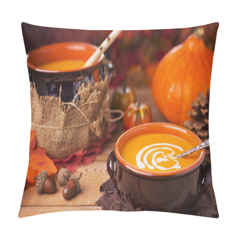 Personality  Homemade Pumpkin Soup On A Rustic Table With Autumn Decorations Pillow Covers