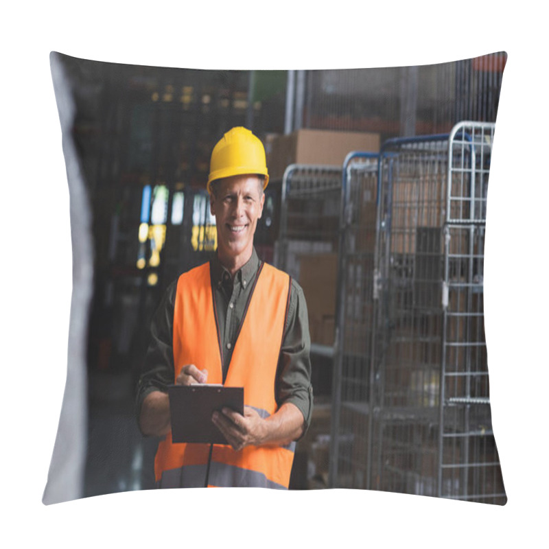 Personality  Happy Middle Aged Supervisor In Hard Hat Reviewing Paperwork In Warehouse, Logistics And Cargo Pillow Covers