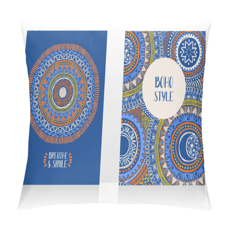 Personality  Set Of Two Ethnic Style Cards With Ornaments And Sun Symbol On Blue Background, Can Be Used For Tattoo Salon, Vector Illustrations Pillow Covers