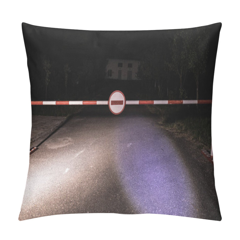 Personality  Wrong Way Concept. Barrier With Sign No Entry At Night. Barrier Standing On Road To The Scary Haunted Building With Ghosts Or Maniac. Warning About The Danger Zone Pillow Covers