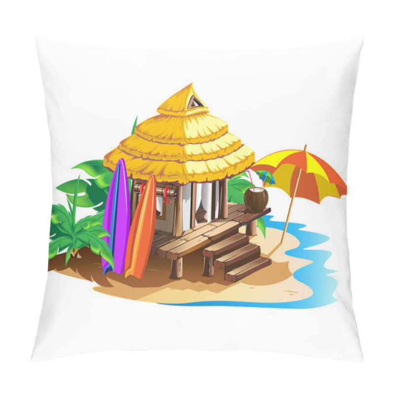 Personality  Tropical Hut With Thatched Roof. Summer Holidays In The Tropics By The Ocean. Isolated Vector Illustration In Cartoon Style Isolated On White Background. Pillow Covers