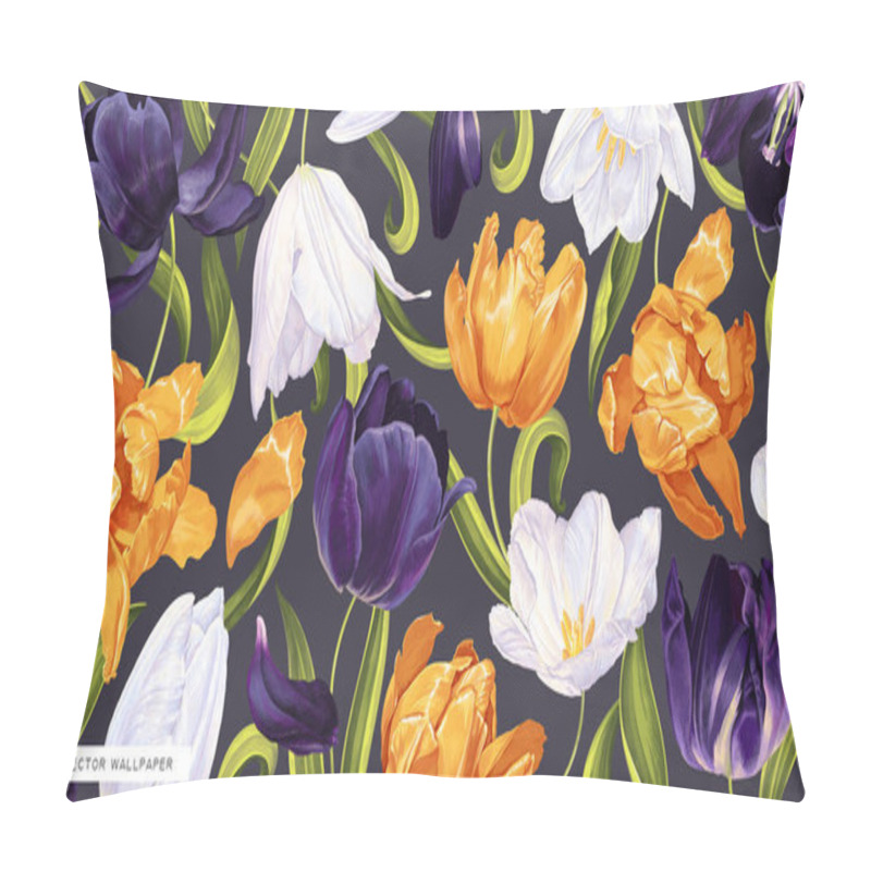 Personality  Botanical Background With Realistic Vector Hand-drawn Tulips. Highly Detailed Flowers, Yellow, White And Dark Purple On Dark Background. Design Specifically For Desktop On Computer, Tablet Or Laptop. Pillow Covers