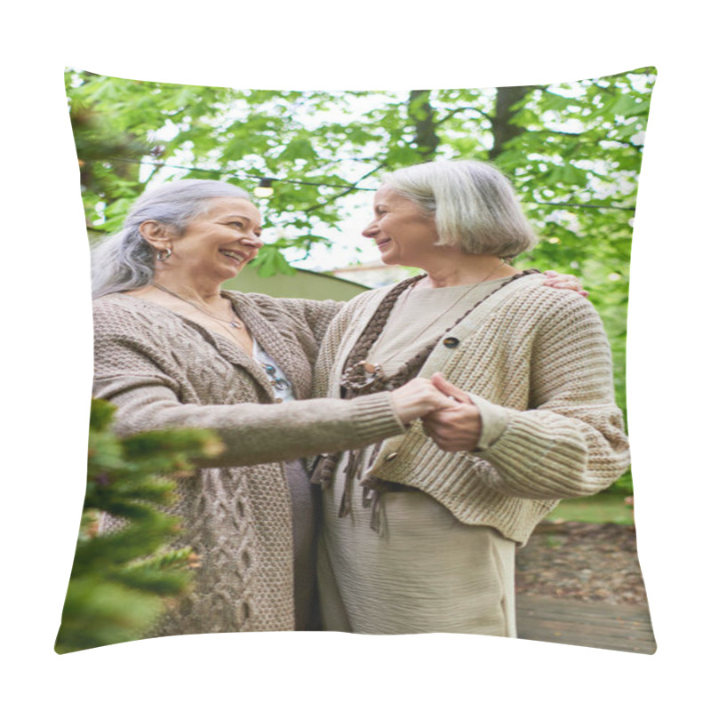 Personality  Two Women, Embracing Each Other, Stand In Front Of A Camper Van In A Lush Green Forest Setting. Pillow Covers