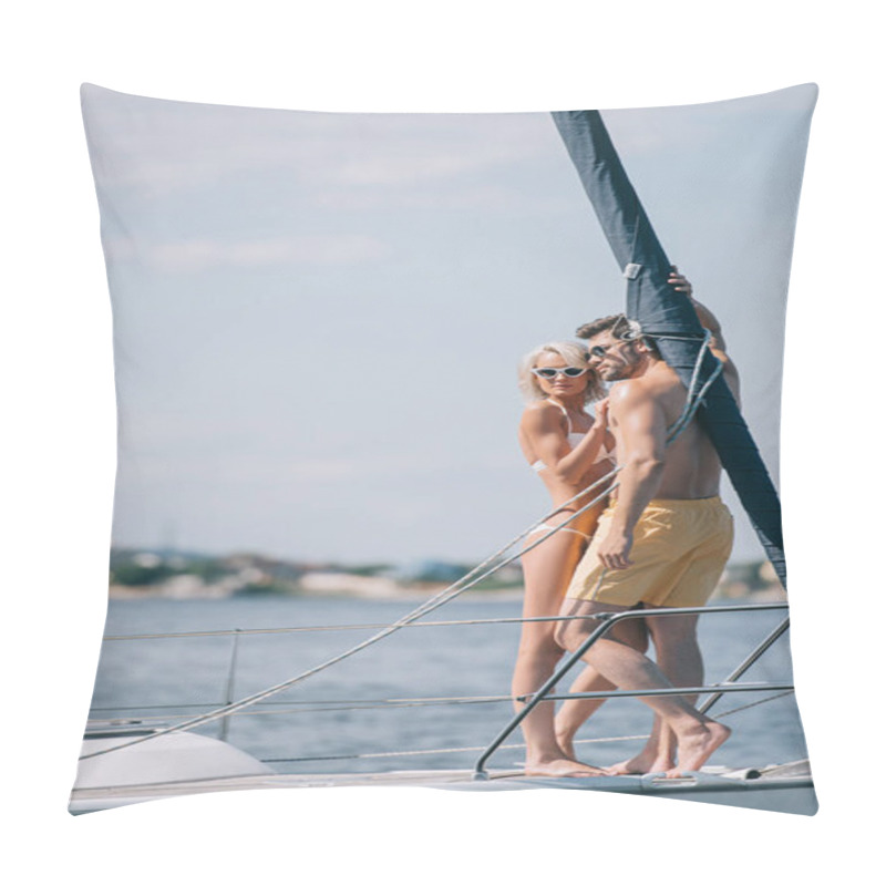 Personality  Beautiful Young Couple In Swimwear And Sunglasses Standing Together On Yacht Pillow Covers