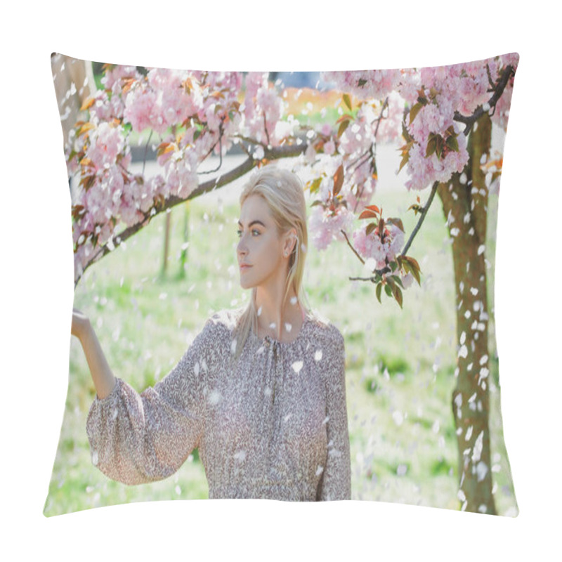 Personality  Partrait Of Sensual Young Woman. Beautiful Girl In Cherry Blossom Garden On A Spring Day, Flower Petals Falling From The Tree. Pillow Covers