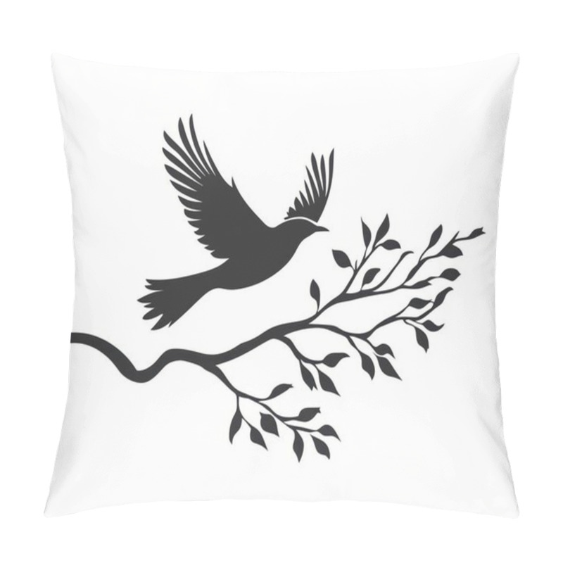 Personality  A Silhouetted Bird In Flight, Gracefully Taking Off From A Branch Adorned With Leaves. Pillow Covers