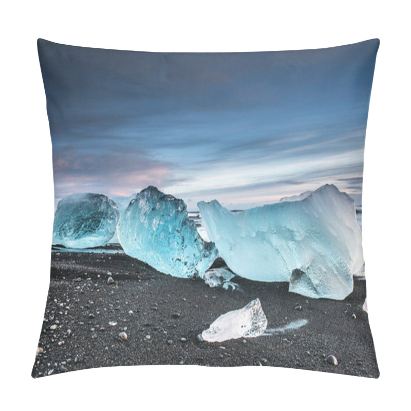 Personality  Scenic Shot Of Glacier Pieces Melting On Black Sandy Beach On Arctic Sunset Pillow Covers