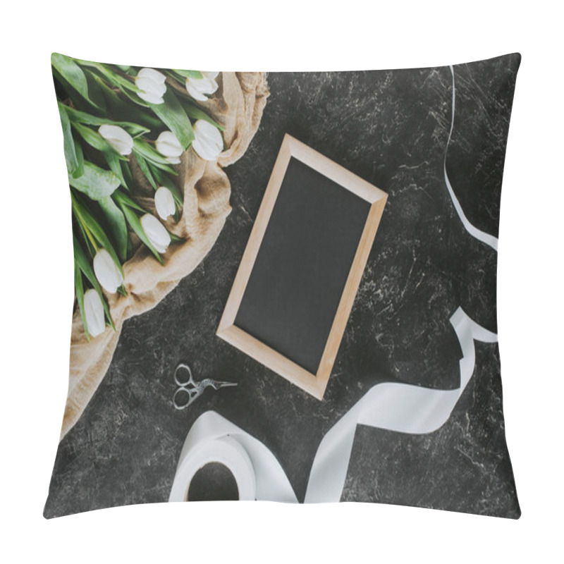 Personality  Top View Of White Tulips, Ribbon And Frame On Black Surface, 8 March Background Pillow Covers