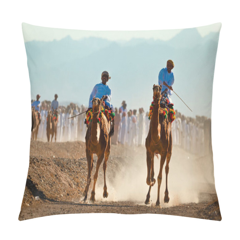 Personality  Oman, January 9, 2021. A Traditional Camel Race Event Is Being Held. Two Camel Riders Race With Each Other As A Huge Crowd Of Omani Local People Spectate The Event. Pillow Covers