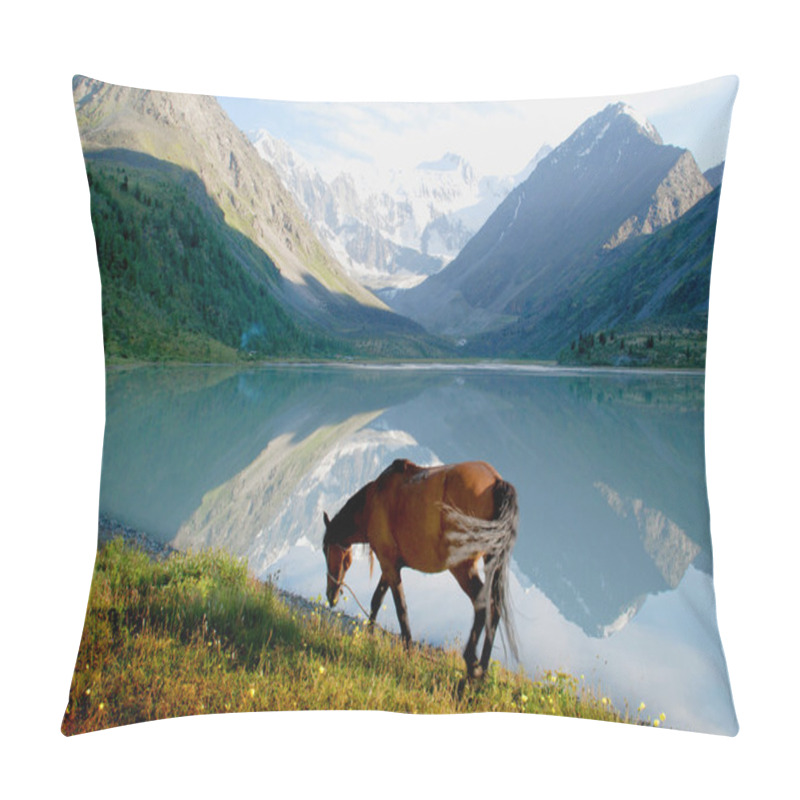 Personality  Horse Near Mountain Lake Ak-kem, Altai, Russia, Wild Landscape Pillow Covers