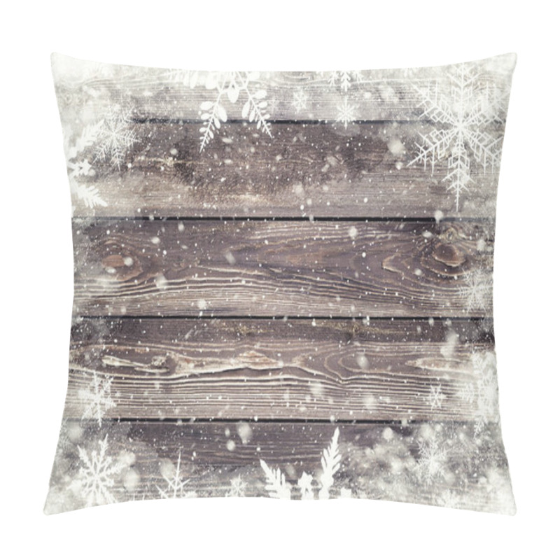 Personality  The Brown Wood Texture With Snow Flakes Over It. Winter Background Pillow Covers