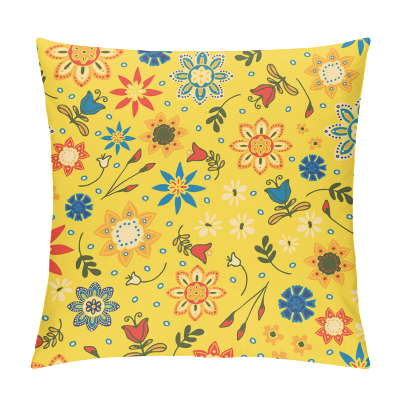 Personality  Seamless Vector Pattern With Colourful Summer Flowers On Yellow Background. Bright Floral Wallpaper Design. Hippy Festival Fashion Textile. Pillow Covers