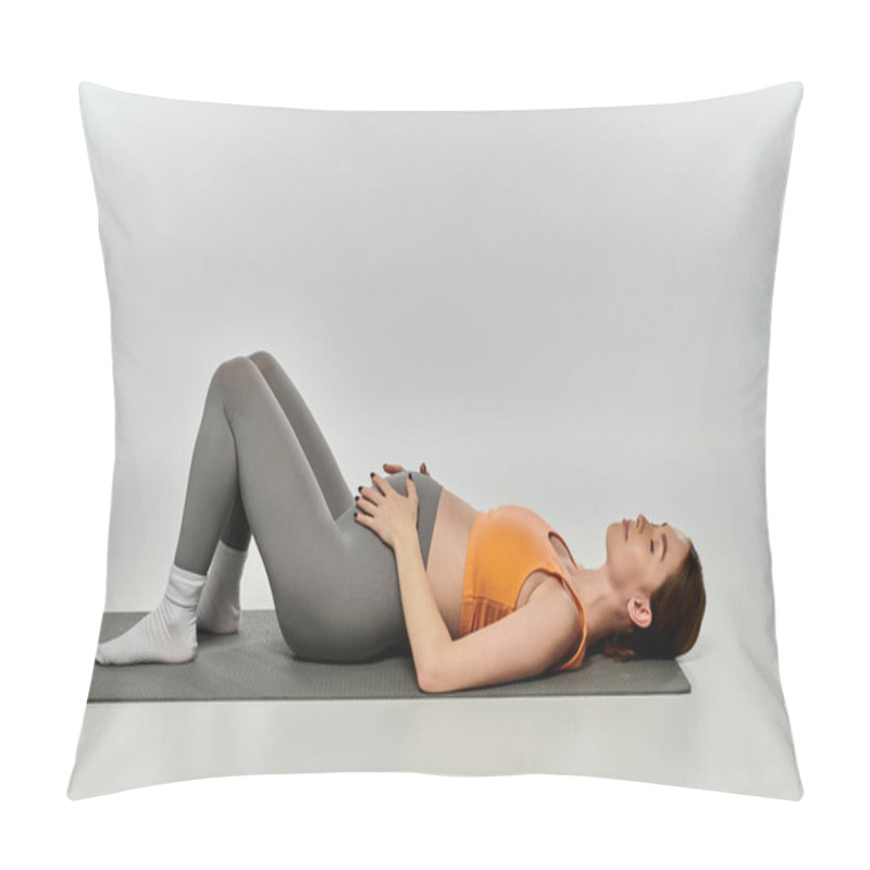 Personality  A Young, Sporty Pregnant Woman Lies On A Yoga Mat With Her Hands Gracefully Behind Her Back In A Peaceful Pose. Pillow Covers