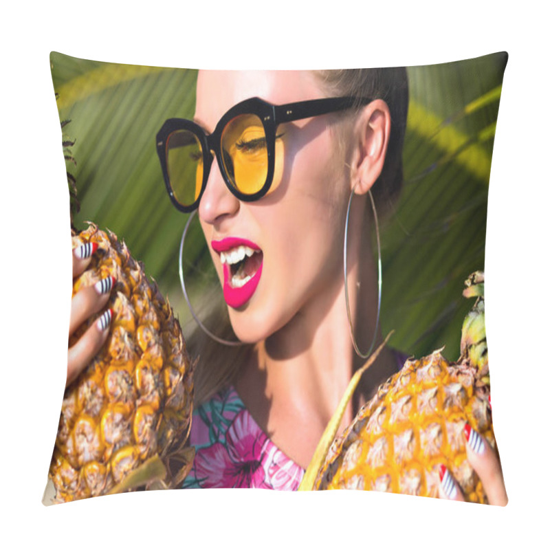 Personality  Close-up Portrait Of Elegant Girl In Yellow Sunglasses Going To Eat Juicy Pineapples. Outdoor Photo Of Pleased Caucasian Lady Wears Trendy Accessories Posing With Fruits In Sunny Morning. Pillow Covers