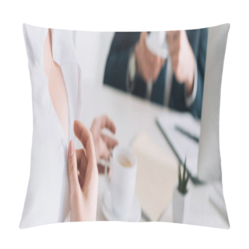 Personality  Panoramic Shot Of Sexy Secretary With Big Breast Seducing Businessman In Office  Pillow Covers