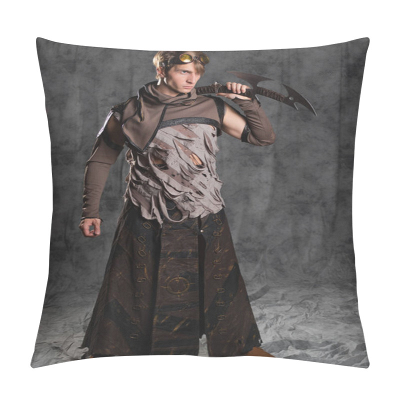 Personality  Steampunk Or Post-apocalyptic Style Character, With An Unusual Cold Weapon Pillow Covers