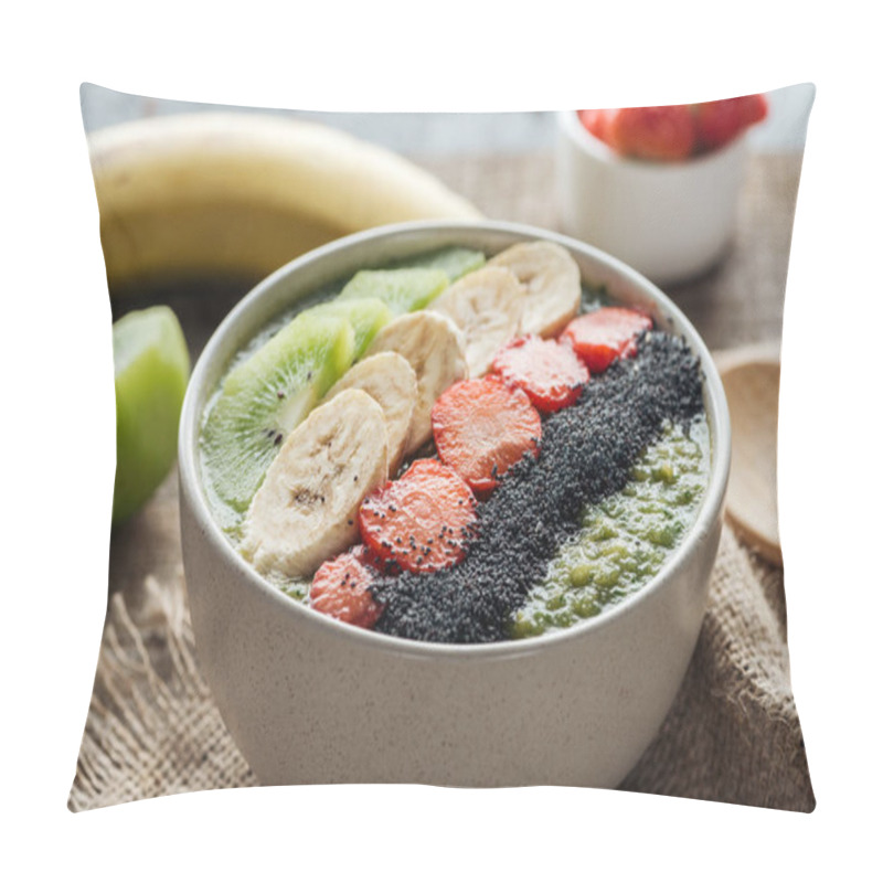 Personality  Selective Focus Of Smoothie Bowl With Bananas, Strawberries And Poppy Seeds On Sackcloth Pillow Covers