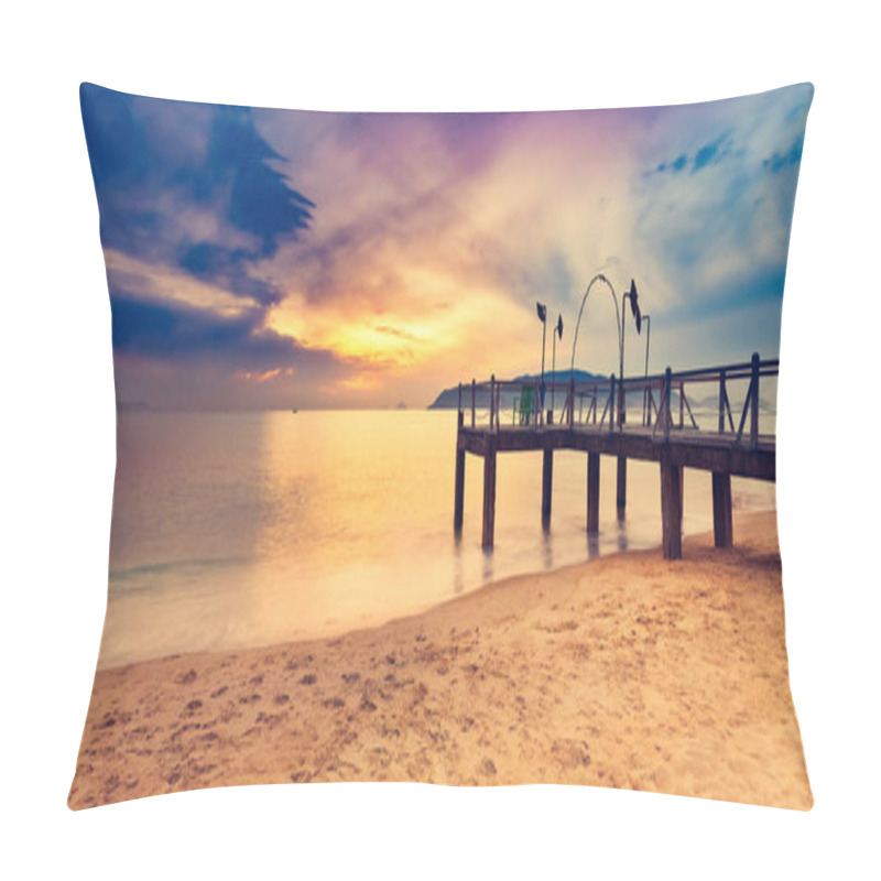 Personality  Sunrise Over The Sea. Pier On The Foreground. Amazing Landscape. Panorama Pillow Covers