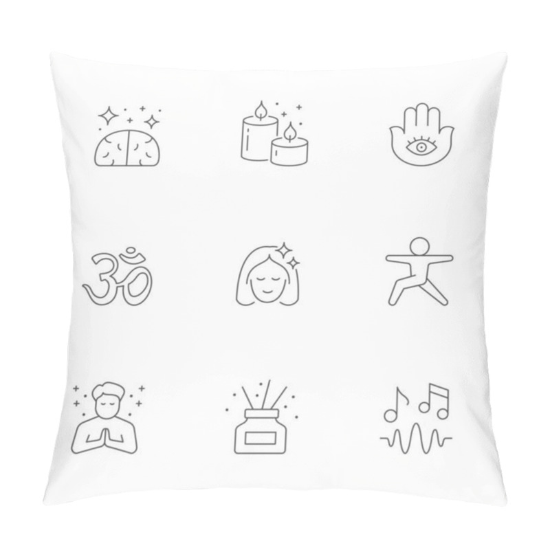 Personality  Set Line Icons Of Meditation Isolated On White. Brain, Aroma Sticks, Om, Namaste, Yoga, Asana, Enlightenment, Wellness, Music, Relaxation, Hamsa Hand, Zen. Vector Illustration Pillow Covers