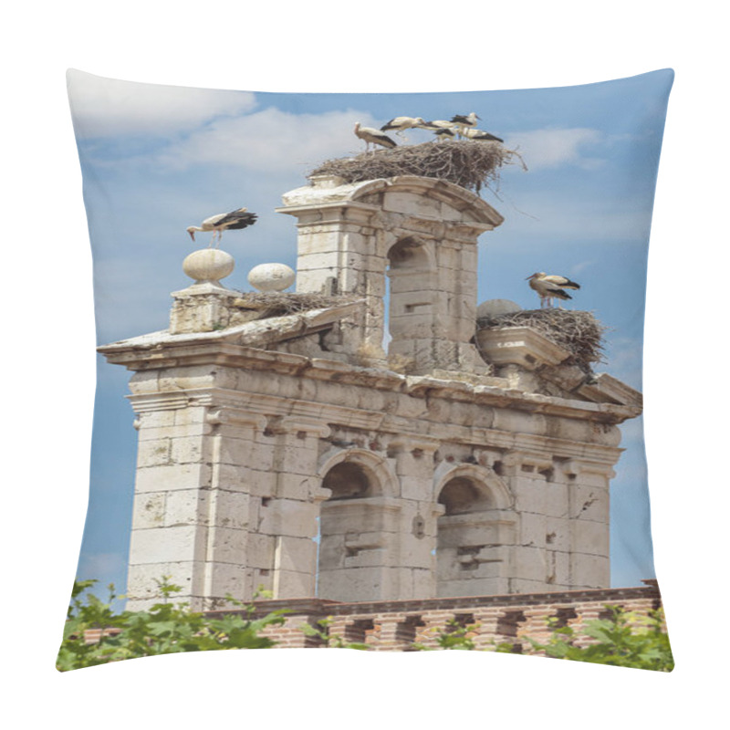 Personality  White Storks In Their Nests On The Bulrush Of The Chapel Of San Ildefonso Of The City Of Alcala De Henares On A Day With Cloudy Blue Sky Pillow Covers