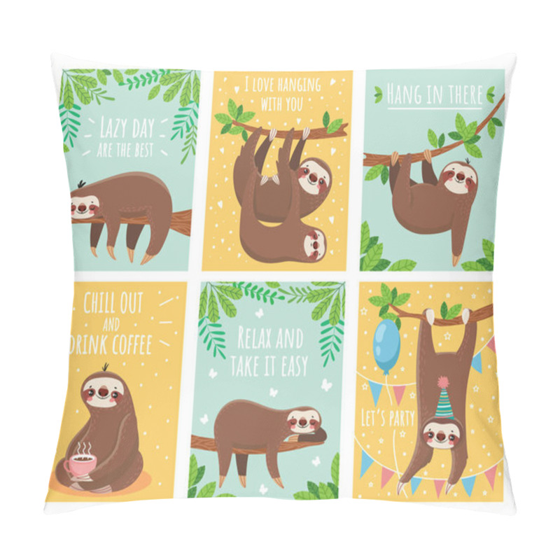 Personality  Greeting Card With Lazy Sloth. Cartoon Cute Sloths Cards With Motivation And Congratulation Text. Slumber Animals Illustration Set Pillow Covers