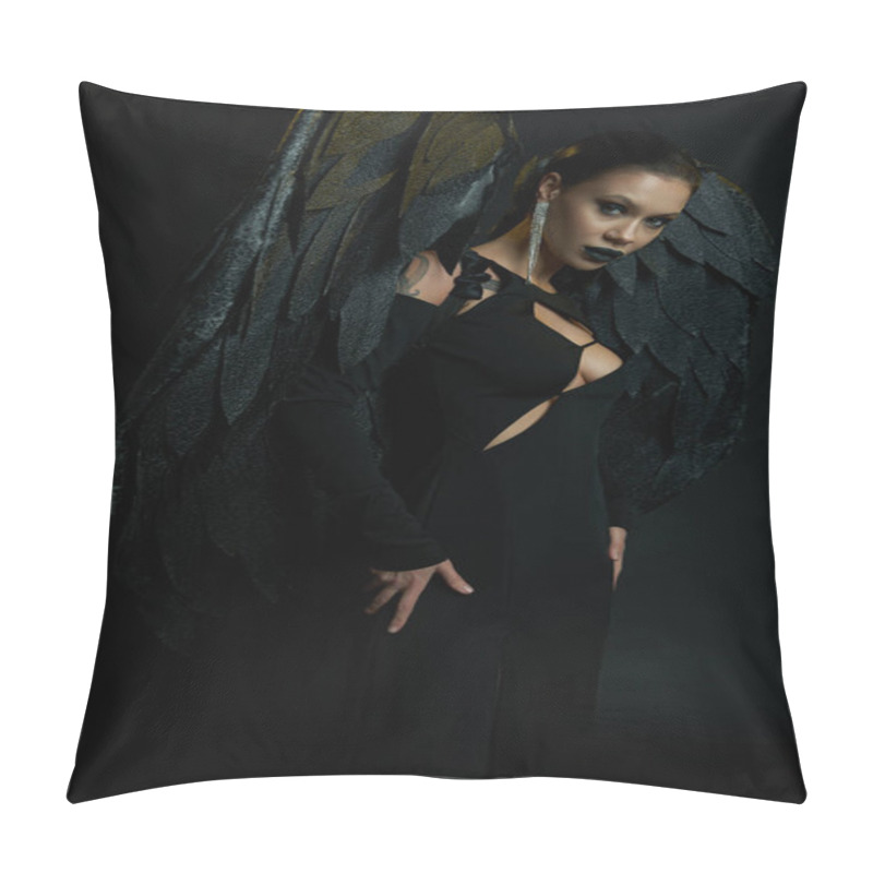 Personality  Sexy Tattooed Woman In Halloween Costume Of Fallen Angel With Dark Wings Looking At Camera On Black Pillow Covers