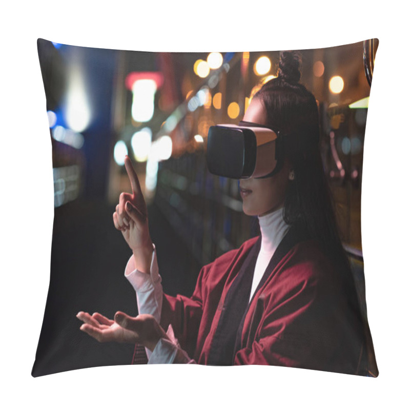 Personality  Attractive Asian Girl Using Virtual Reality Headset And Pointing On Something On Street In Evening, City Of Future Concept Pillow Covers