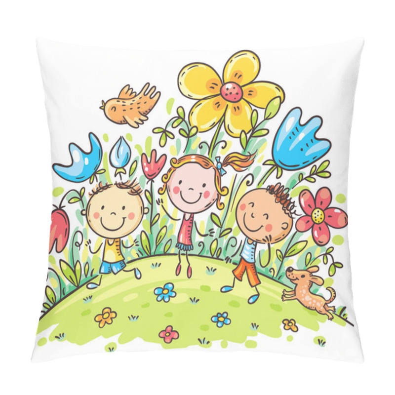 Personality  Hand Drawn Vector Illustration Of Children On Flowering Hill Pillow Covers