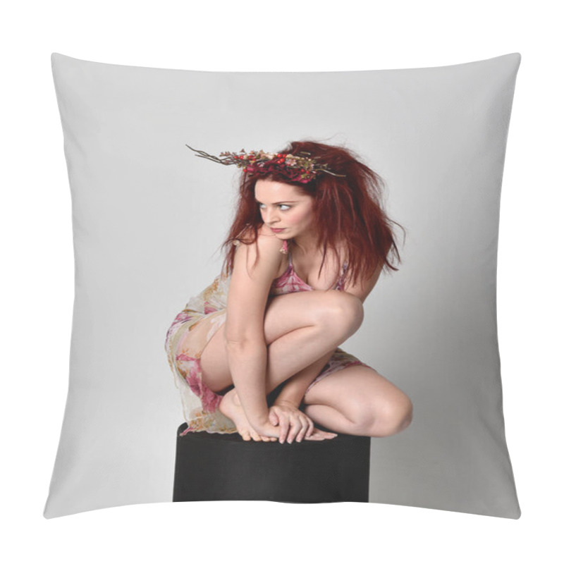 Personality  Full Length Pose Of Red Hair Girl Wearing Floral Fairy Dress And Headdress. Sitting Pose On Grey Studio Background. Pillow Covers