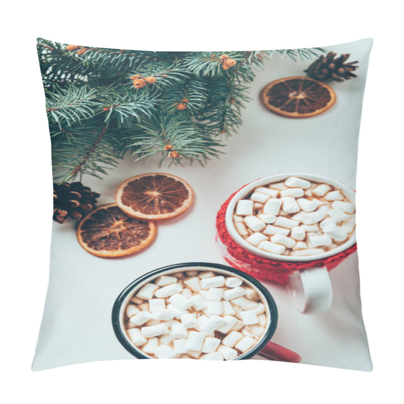 Personality  Top View Of Cups Of Hot Chocolate With Marshmallows And Pine Tree Branches On White Surface, Christmas Breakfast Concept Pillow Covers