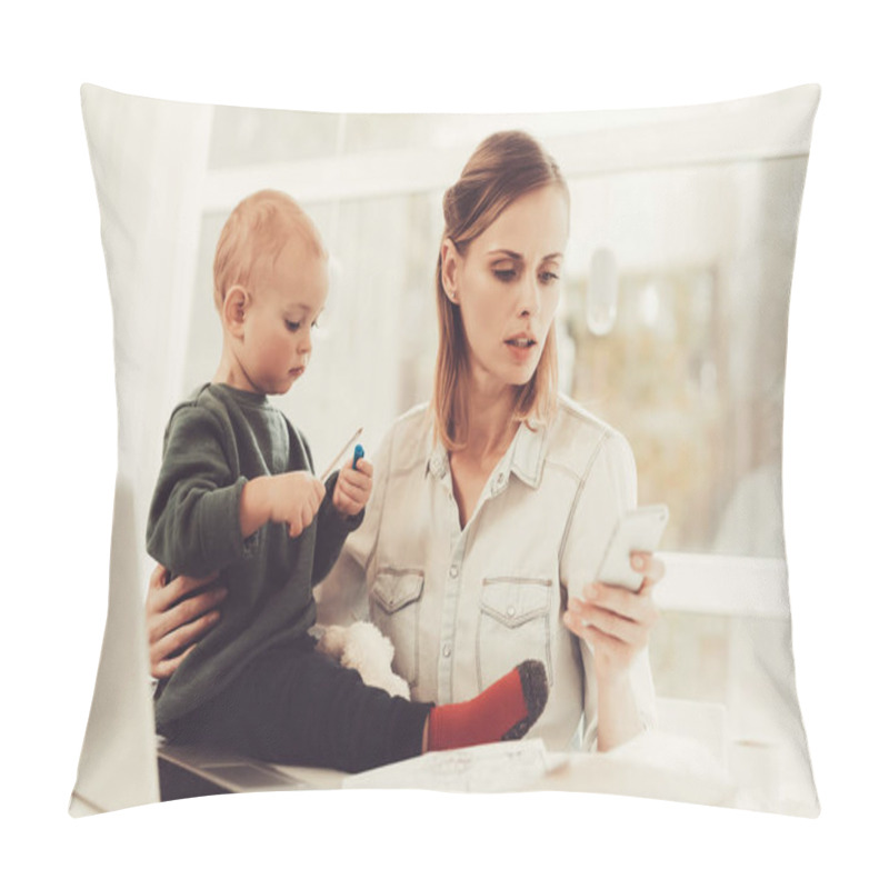 Personality  A Woman Works During Maternity Leave At Home. Problems Solving. Official Clothes. Comfortable Environment. Talking On The Phone. Concentrated Worker. Parent Duty. Family Relationship. Pillow Covers