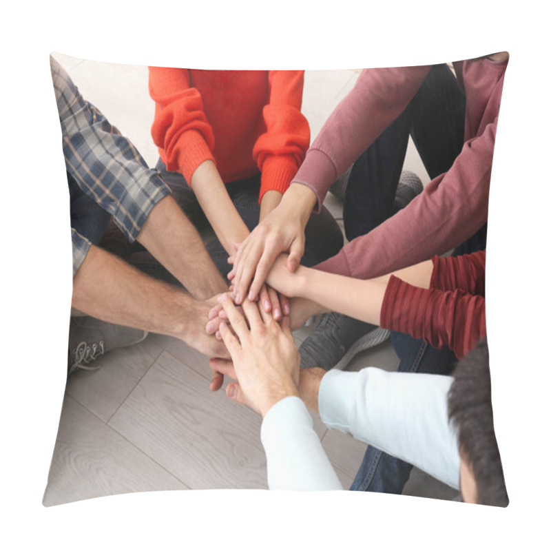 Personality  People Putting Hands Together, Closeup. Unity Concept Pillow Covers