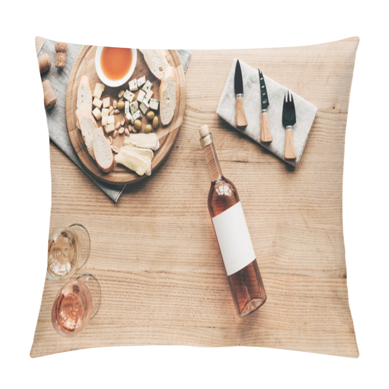 Personality  Top View Of Wine Glasses, Bottle Of Wine, Sauce, Bread, Cheese, Olives, Corks And Cooking Utensils On Wooden Surface Pillow Covers