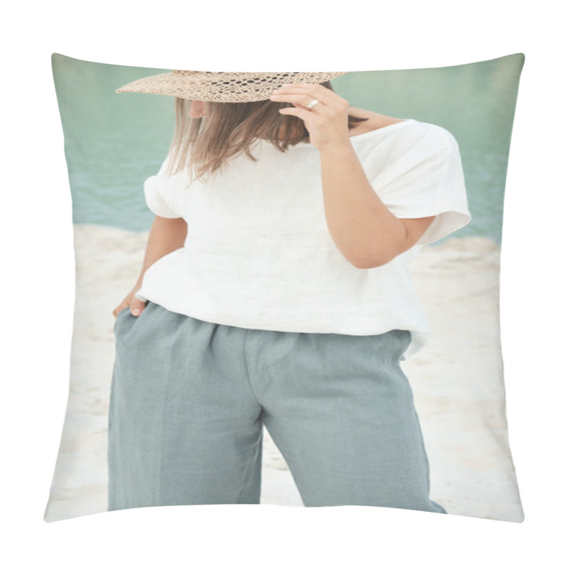 Personality  Stylish Girl In Linen Clothes And Straw Hat. Relaxing In Beach, Simple Slow Life Style. Culottes Pillow Covers