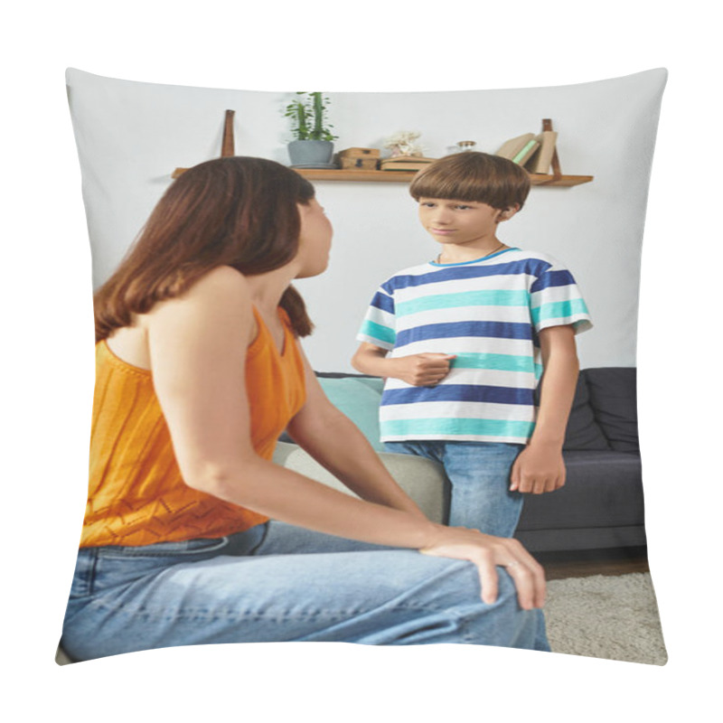 Personality  A Mother Engages With Her Hearing Impaired Son, Fostering Connection And Understanding. Pillow Covers