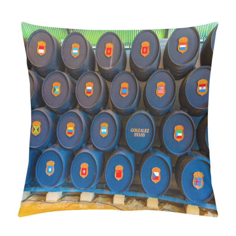 Personality  JEREZ DE LA FRONTERA, SPAIN, JUNE 26, 2019: Wine Barrels Inside Of Bodega Of Tio Pepe At Jerez De La Frontera In Spain Pillow Covers