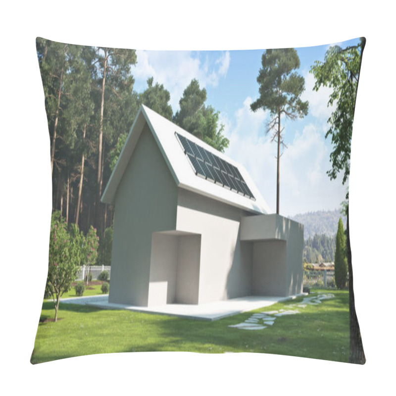 Personality  Solar Energy Home Concept . Outline Of A Residential Home Exterior In A Beautiful Rural Setting With Solar Power Panels On The Roof .Going Green Off The Grid .3d Rendering Pillow Covers