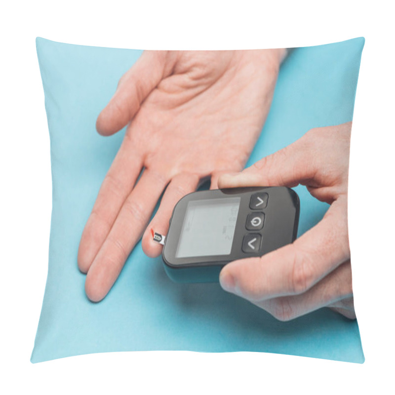 Personality  Cropped View Of Male Hands With Glucometer On Blue Background Pillow Covers