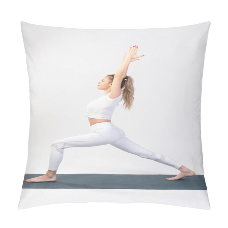 Personality  Sporty Young Woman Doing Yoga Practice On White Background. Pillow Covers