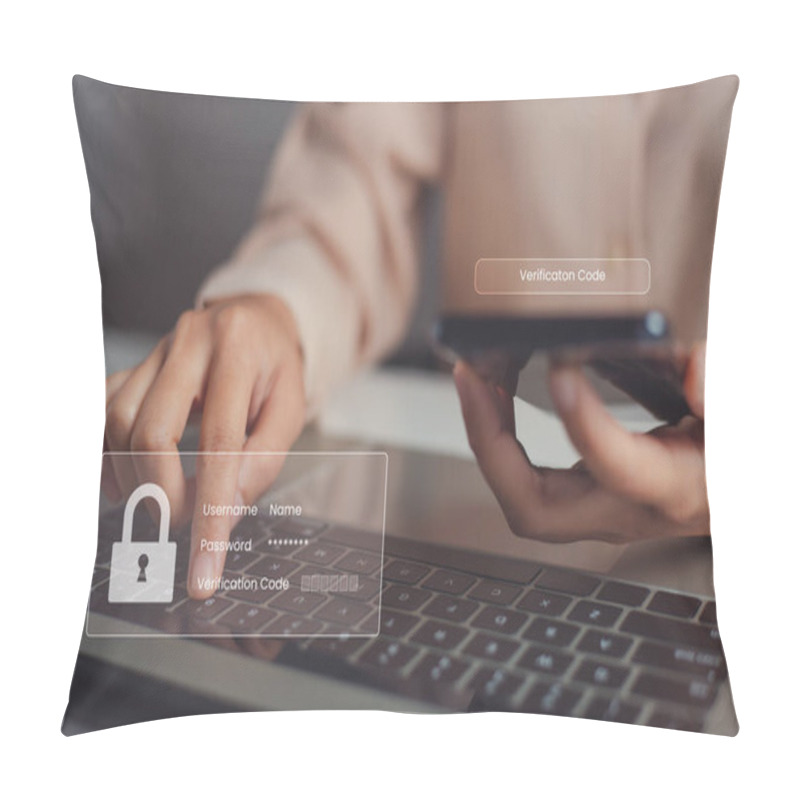 Personality  Female Hand Enters One-time Password Received On Mobile Phone For Authentication Process To Login To Web Page, Mobile OTP Security Authentication Method, 2-step Authentication Web Page. Pillow Covers