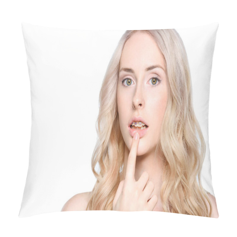 Personality  Woman Pointing To Teeth With Braces Pillow Covers