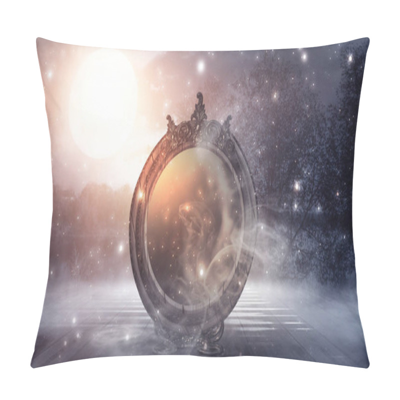 Personality  Dark Forest, Magic Mirror. Night View, Smoke, Smog, Neon Light, Moon. Dark Fantasy Mystical Landscape.  Pillow Covers