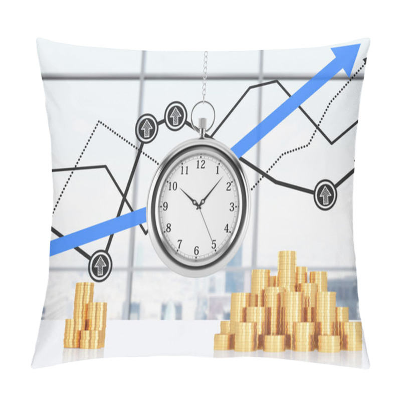 Personality  A Composition Of Golden Coins And Hanging On The Chain Pocket Watch. New York Panoramic Office And Financial Line Charts Are On Background. A Concept Of Time Is Money Or A Value Of Time In Business. 3 Pillow Covers