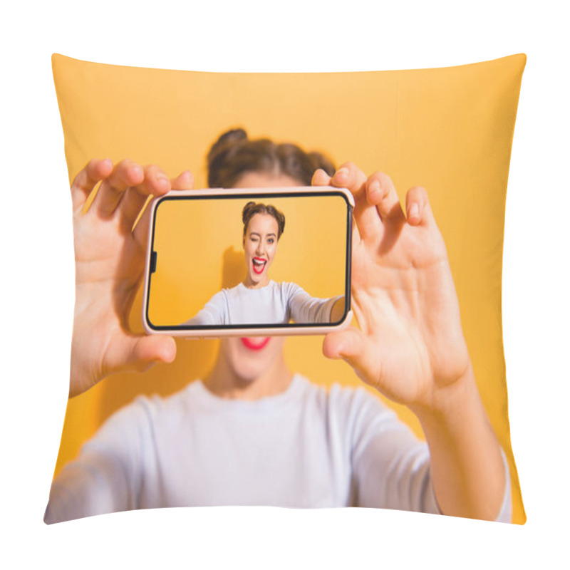 Personality  Bright Memories. Close Up Photo Of Beautiful Charming Cute Female Student Making Photos Videos Downloading To Web On Vibrant Background Isolated In White Clothing   Pillow Covers