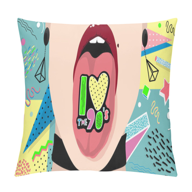 Personality  I Love The 90's. Girl With Tongue. Memphis Poster, Invitation Card And Banner Pillow Covers